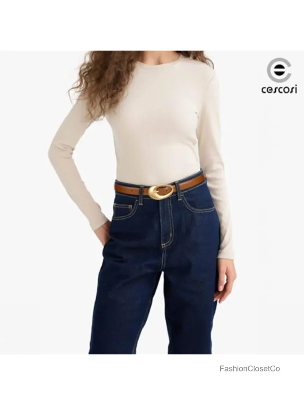 Faux Leather Belt with Gold Oval Buckle for Women Thin Waist